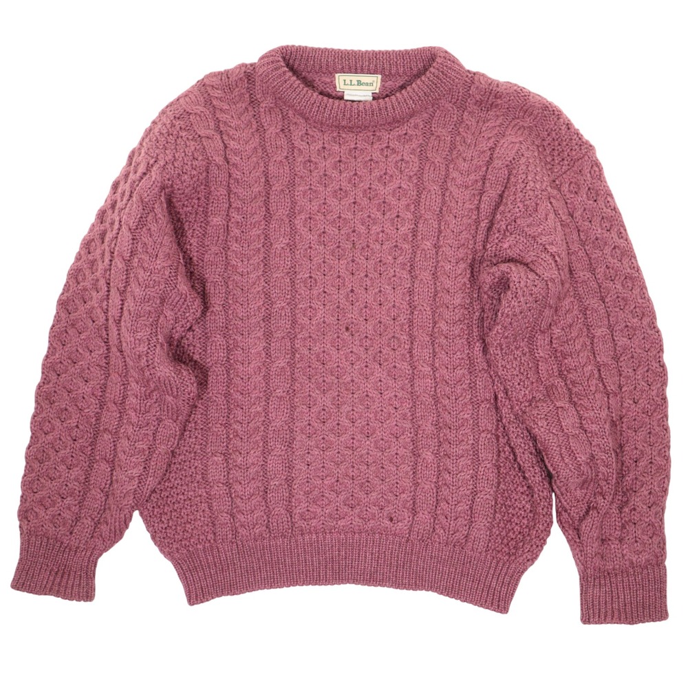 VTG LL Bean Sweater Women M Cable Knit Chunky Fisherman Plum Pure Wool Ireland
